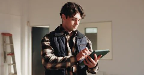 Building, project management and tablet with architect man in home for Stock Photos