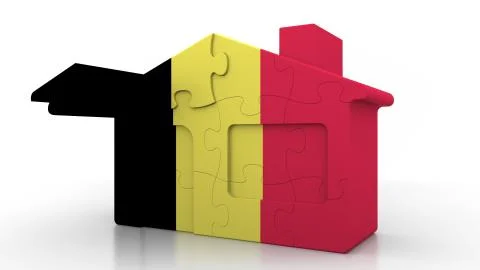 Building puzzle house featuring flag of Belgium. Belgian emigration Ilustración de archivo