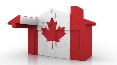 Building puzzle house featuring flag of Canada. Canadian emigration Ilustración de archivo