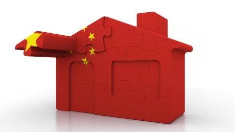 Building puzzle house featuring flag of China. Chinese emigration, construction Ilustración de archivo
