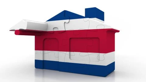 Building puzzle house featuring flag of Costa Rica. Costa Rican emigration Ilustración de archivo