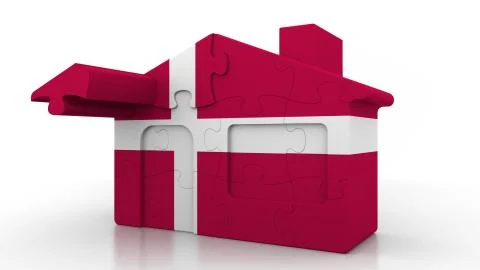 Building puzzle house featuring flag of Denmark. Danish emigration, construction Ilustración de archivo