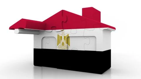 Building puzzle house featuring flag of Egypt. Egyptian emigration, construction Ilustración de archivo