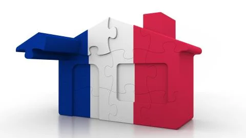 Building puzzle house featuring flag of France. French emigration, construction Ilustración de archivo