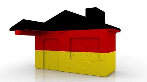 Building puzzle house featuring flag of Germany. German emigration, construction Ilustración de archivo
