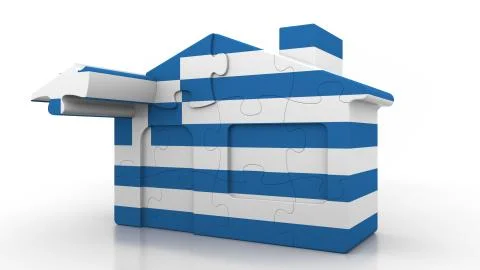 Building puzzle house featuring flag of Greece. Greek emigration, construction Ilustración de archivo