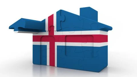 Building puzzle house featuring flag of Iceland. Icelandic emigration Ilustración de archivo