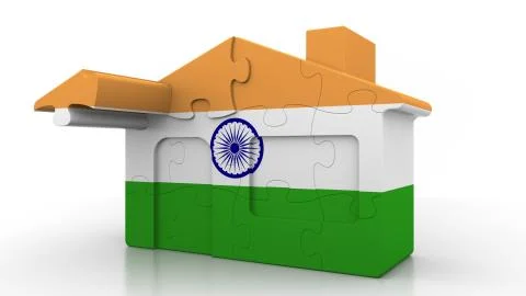 Building puzzle house featuring flag of India. Indian emigration, construction Ilustración de archivo