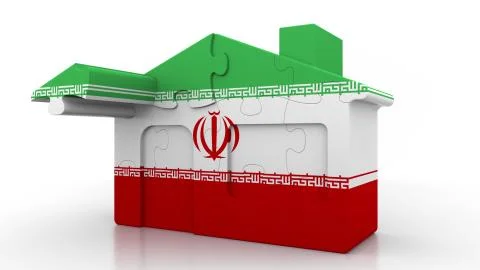 Building puzzle house featuring flag of Iran. Iranian emigration, construction Ilustración de archivo