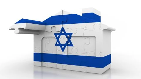 Building puzzle house featuring flag of Israel. Israeli emigration, construction Ilustración de archivo