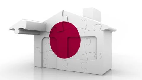 Building puzzle house featuring flag of Japan. Japanese emigration, construction Ilustración de archivo