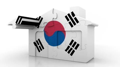 Building puzzle house featuring flag of South Korea. Korean emigration Ilustración de archivo