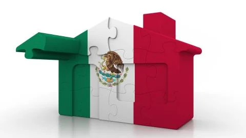 Building puzzle house featuring flag of Mexico. Mexican emigration, construction Ilustración de archivo