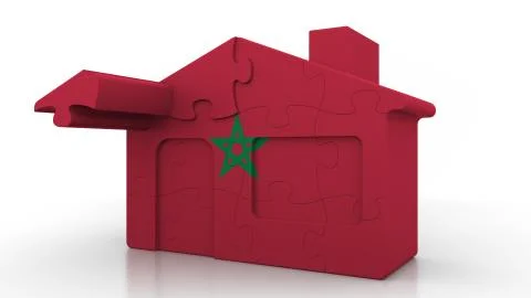 Building puzzle house featuring flag of Morocco. Moroccan emigration Ilustración de archivo