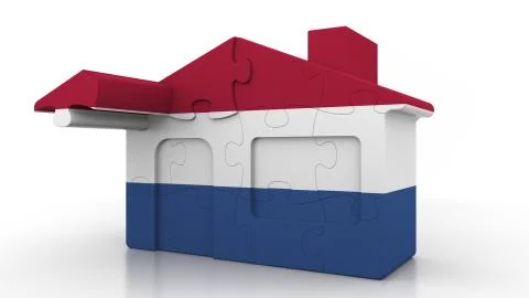 Building puzzle house featuring flag of the Netherlands. Dutch emigration Ilustración de archivo