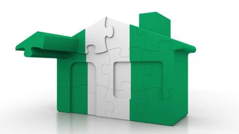 Building puzzle house featuring flag of Nigeria. Nigerian emigration Ilustración de archivo