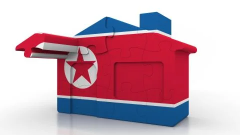 Building puzzle house featuring flag of North Korea. Korean construction Ilustración de archivo