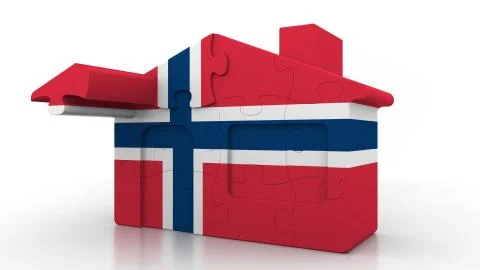 Building puzzle house featuring flag of Norway. Norwegian emigration Ilustración de archivo