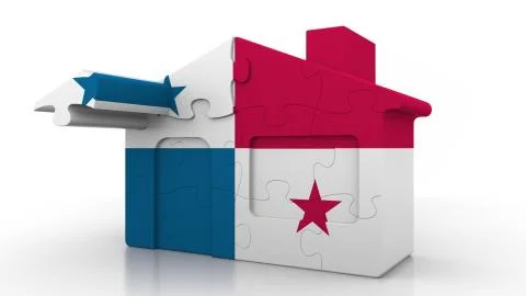 Building puzzle house featuring flag of Panama. Panamian emigration Ilustración de archivo