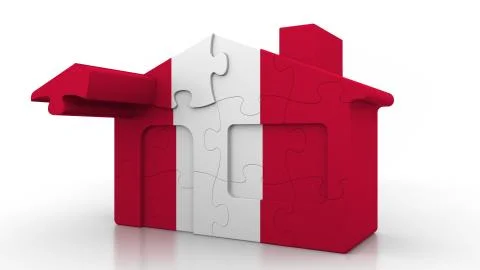 Building puzzle house featuring flag of Peru. Peruvian emigration, construction Ilustración de archivo