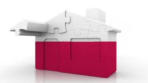 Building puzzle house featuring flag of Poland. Polish emigration, construction Ilustración de archivo