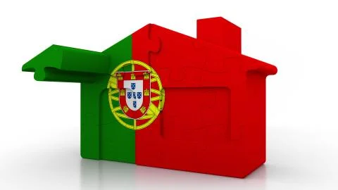 Building puzzle house featuring flag of Portugal. Portuguese emigration Ilustración de archivo