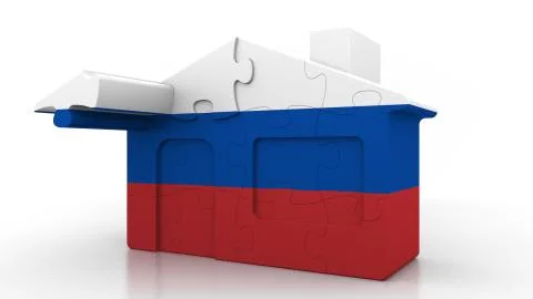 Building puzzle house featuring flag of Russia. Russian emigration, construction Ilustración de archivo