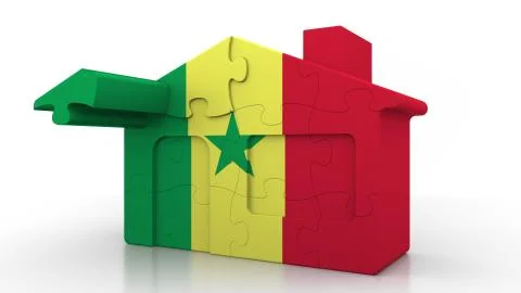 Building puzzle house featuring flag of Senegal. Senegalese emigration Ilustración de archivo