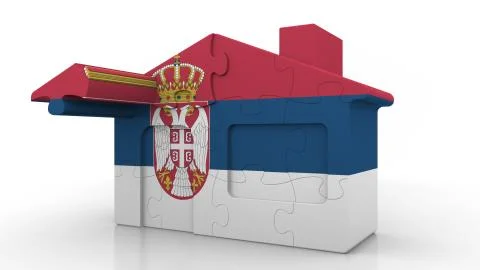 Building puzzle house featuring flag of Serbia. Serbian emigration, construction Ilustración de archivo