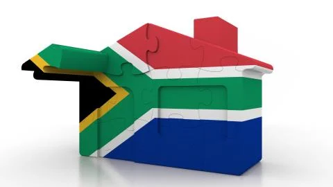 Building puzzle house featuring flag of South Africa. SAR emigration Ilustración de archivo