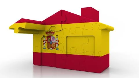 Building puzzle house featuring flag of Spain. Spanish emigration, construction Ilustración de archivo