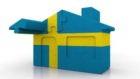 Building puzzle house featuring flag of Sweden. Swedish emigration, construction Ilustración de archivo