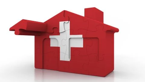 Building puzzle house featuring flag of Switzerland. Swiss emigration Ilustración de archivo