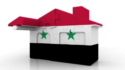 Building puzzle house featuring flag of Syria. Syrian construction conceptual 3D Ilustración de archivo