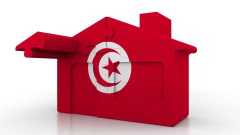 Building puzzle house featuring flag of Tunisia. Tunisian emigration Ilustración de archivo