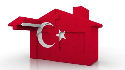Building puzzle house featuring flag of Turkey. Turkish emigration, construction Ilustración de archivo