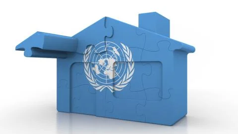Building puzzle house featuring flag of the United Nations. Editorial conceptual Ilustración de archivo