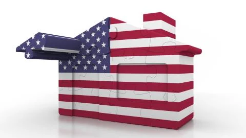 Building puzzle house featuring flag of the United States of America. American Ilustración de archivo