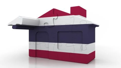 Building puzzle house featuring flag of Thailand. Thai emigration, construction Ilustración de archivo