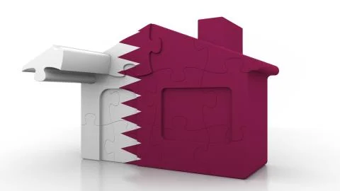 Building puzzle house featuring flag of Qatar. Qatari emigration, construction Ilustración de archivo