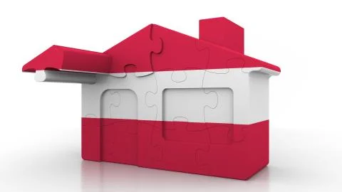 Building puzzle house featuring flag of Austria. Austrian emigration Ilustración de archivo
