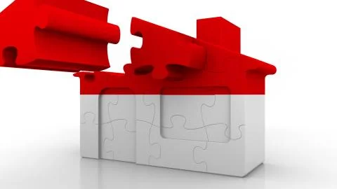 Building puzzle house featuring flag of Indonesia. Indonesian emigration Ilustración de archivo