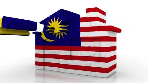 Building puzzle house featuring flag of Malaysia. Malaysian emigration Ilustración de archivo