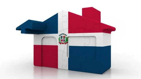 Building puzzle house featuring flag of the Dominican Republic. Emigration Ilustración de archivo