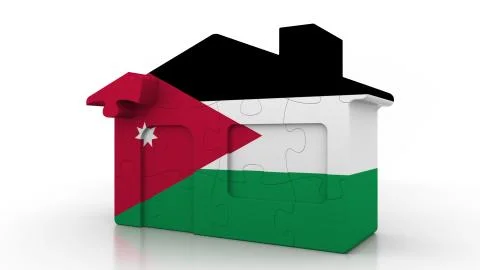 Building puzzle house featuring flag of Jordan. Jordanian emigration Ilustración de archivo