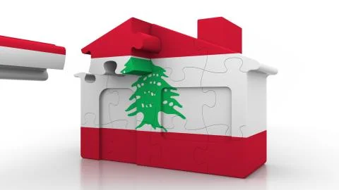 Building puzzle house featuring flag of Lebanon. Lebanese emigration Ilustración de archivo