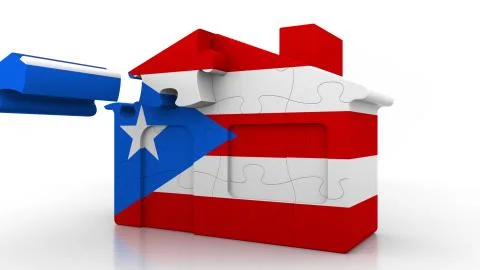 Building puzzle house featuring flag of Puerto Rico. Emigration, construction or Ilustración de archivo