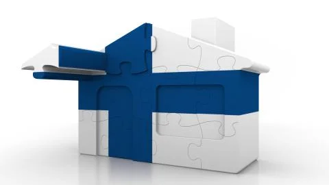 Building puzzle house featuring flag of Finland. Finnish emigration Ilustración de archivo