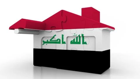 Building puzzle house featuring flag of Iraq. Iraqi emigration, construction or Ilustración de archivo