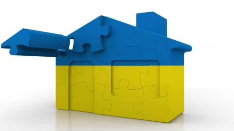 Building puzzle house featuring flag of Ukraine. Ukrainian emigration Ilustración de archivo